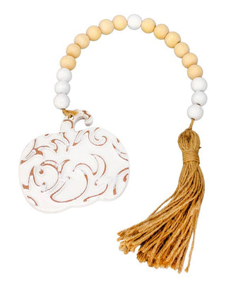 White Wood Ornate Pumpkin Hanging Bead Ornament