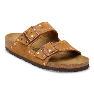 Brown sandal with decorative studs and buckles on a white background