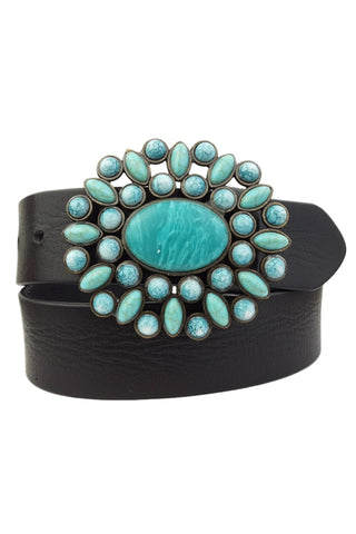 Genuine leather belt w. Western Turquoise Floral Buckle