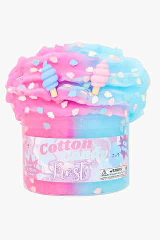 Cotton candy scented toy with pink and blue colors and heart sprinkles on a white background.