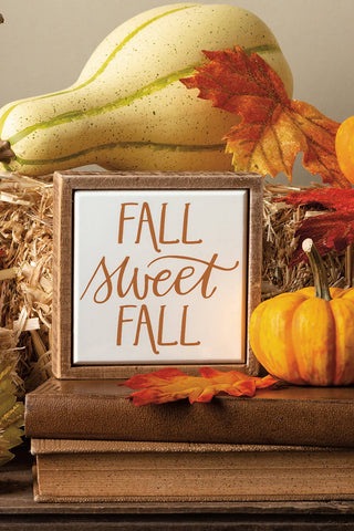 Autumn-themed display with pumpkins, gourds, and a sign reading 'Fall Sweet Fall' on a neutral background.