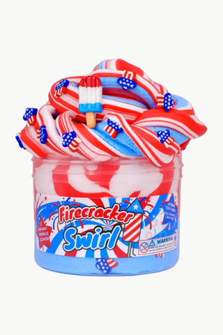 Jar of Firecracker Swirl candy with red, white, and blue colors on a white background