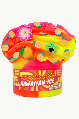 Colorful container of Hawaiian Ice slime with tropical decorations on a white background