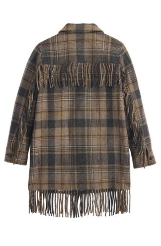 A brown and beige plaid fringed jacket with long fringe detailing along the hem and sleeves, shown against a plain white background.