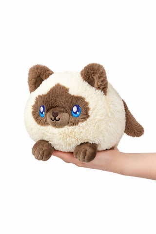 A fluffy round cat plush toy with brown ears, face, paws, and tail.