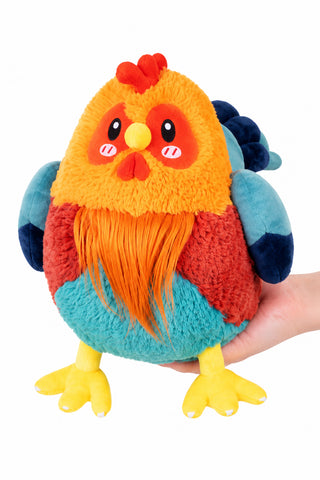 Colorful plush toy resembling a farm rooster