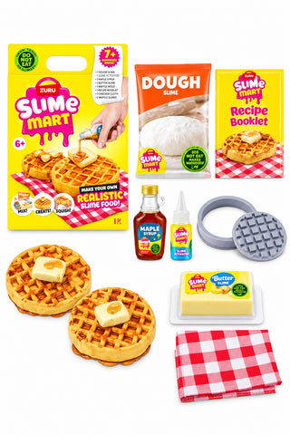 Zuru Slime Mart DIY slime kit with waffle-shaped toys, dough, syrup, butter, and recipe cards on a white background.