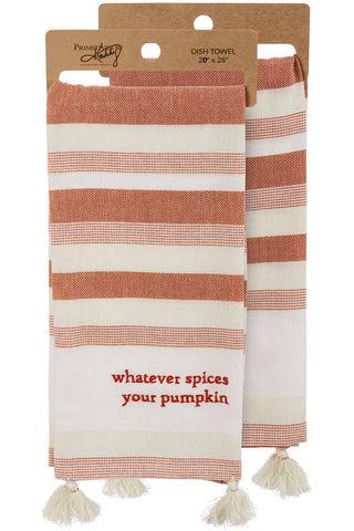 Two striped dish towels with cream and terracotta horizontal bands, hanging from kraft paper hangers. The front towel has the phrase 'whatever spices your pumpkin' printed in red near the bottom and finished with cream tassels.