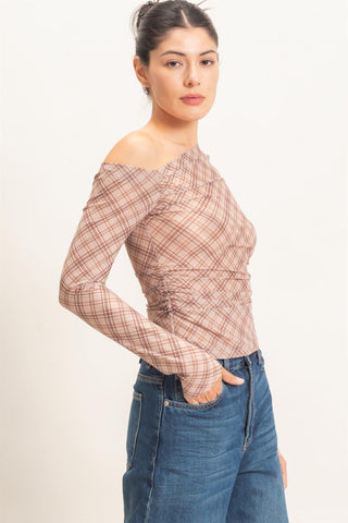 Heather Plaid Off Shoulder Top