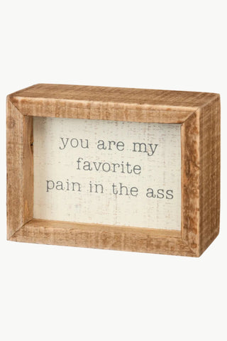 Wooden box with text 'you are my favorite pain in the ass' on a white background