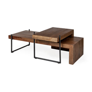 Mercana Maddox Brown Solid Wood Top Black Metal Base Nesting Coffee Tables Set
