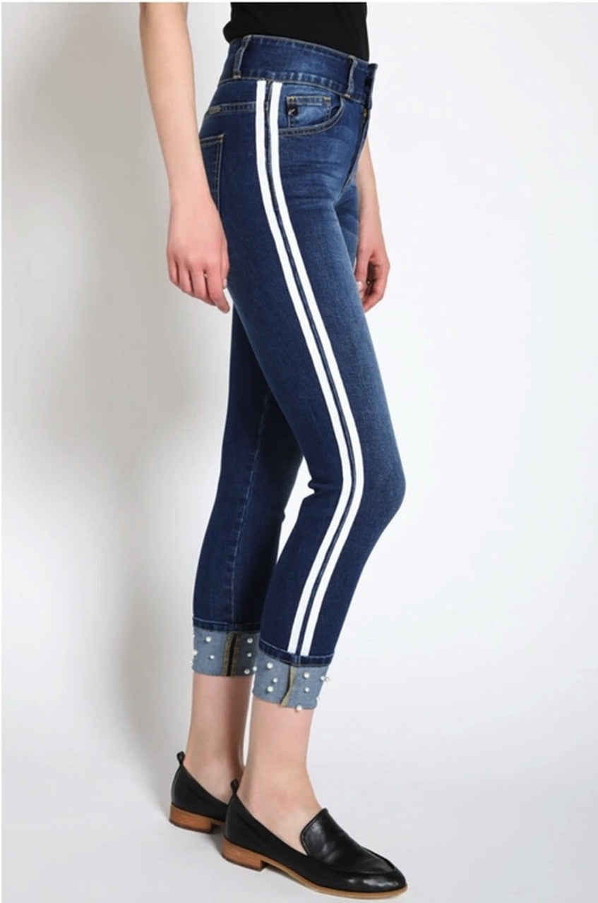 KanCan Ankle Skinny Jean with Pearl & Double White Stripe Detail