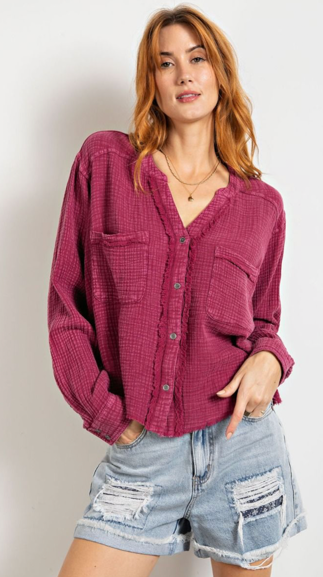 Easel Annelle Mineral Washed Cotton Gauze Button Down Shirt