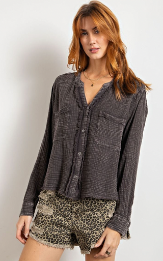 Easel Annelle Mineral Washed Cotton Gauze Button Down Shirt