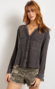 Easel Annelle Mineral Washed Cotton Gauze Button Down Shirt