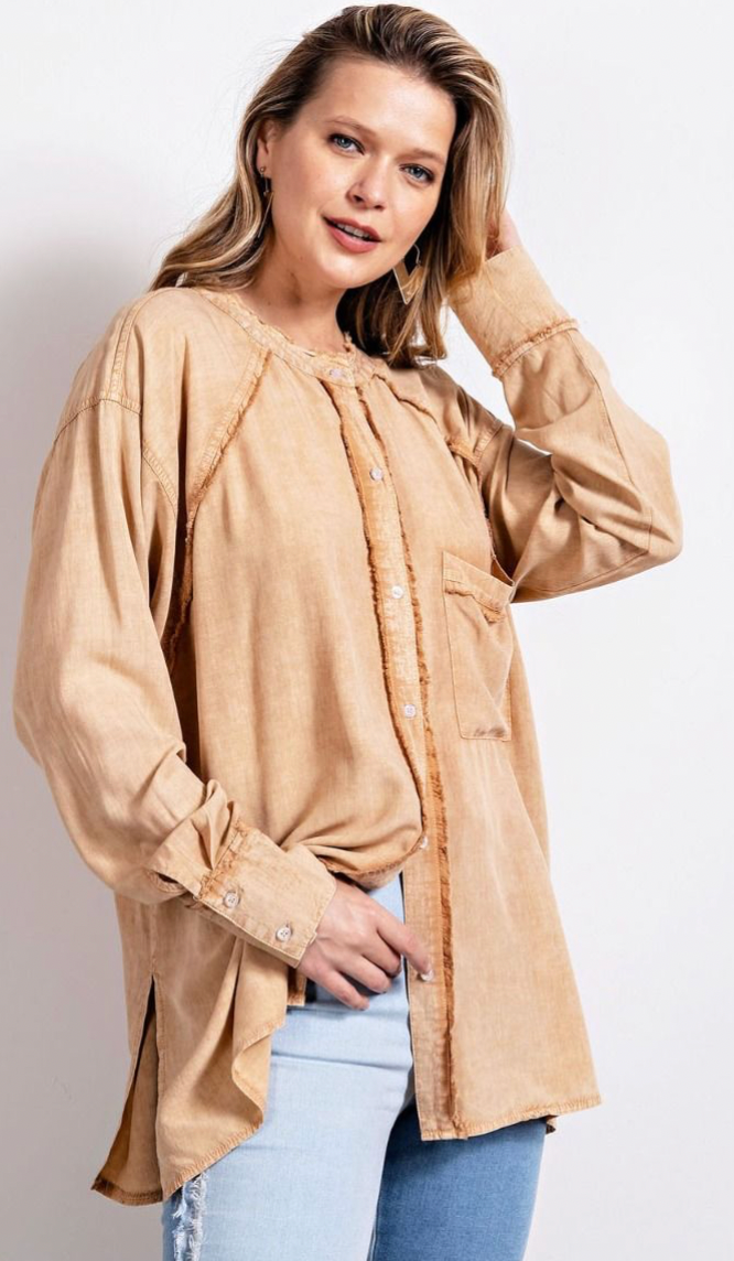 Easel Urma Mineral Washed Button Down Tunic Shirt