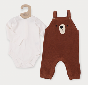 Viverano Embroidered Bear Sweater Knit Overall Romper and Bodysuit