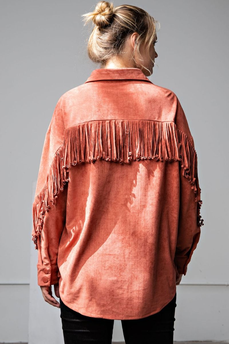 Easel Marsala Faux Suede Fringe Shacket